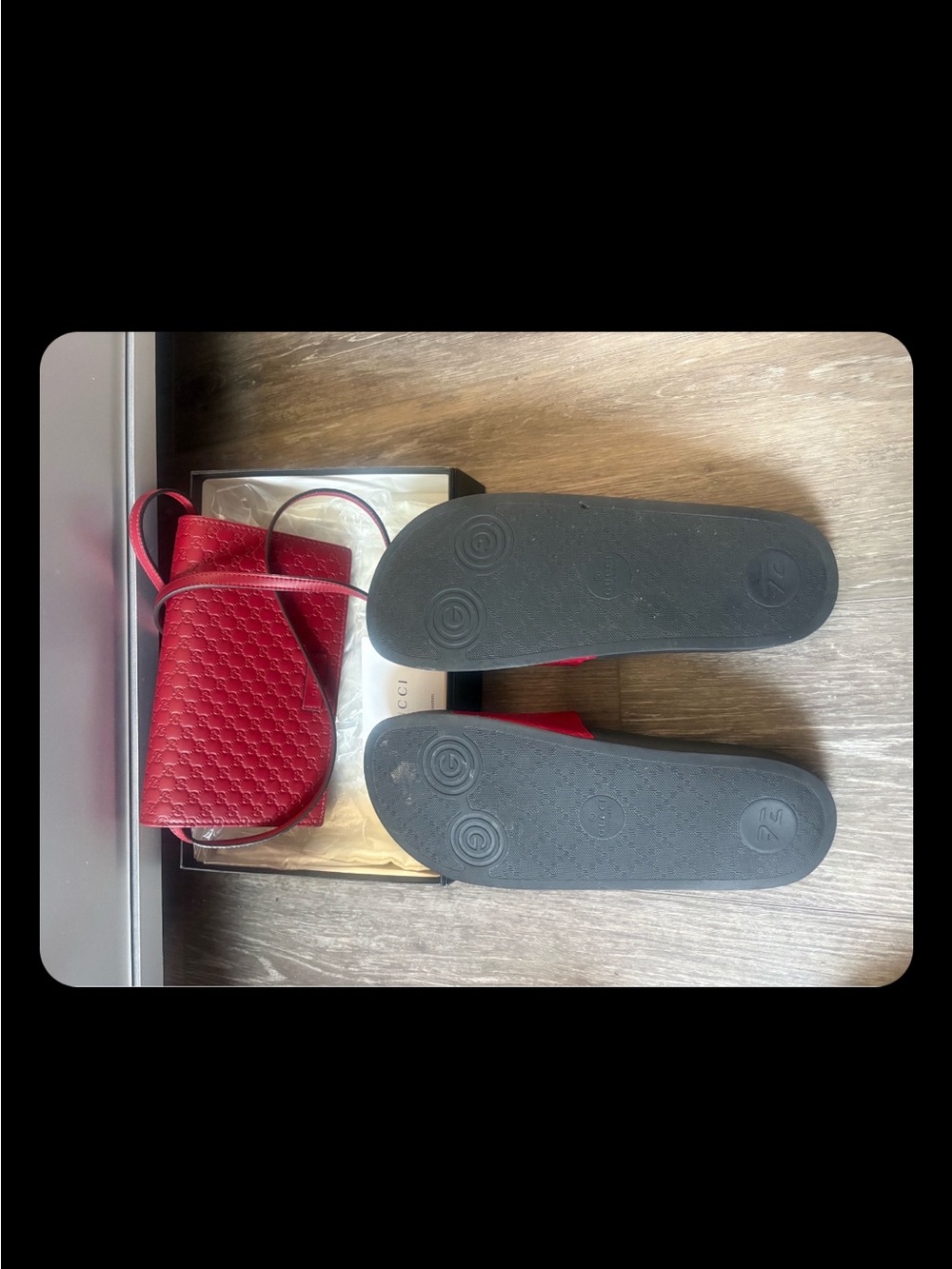 Gucci Red and Black Embossed Leather Slide Sandals - Picture 2 of 2